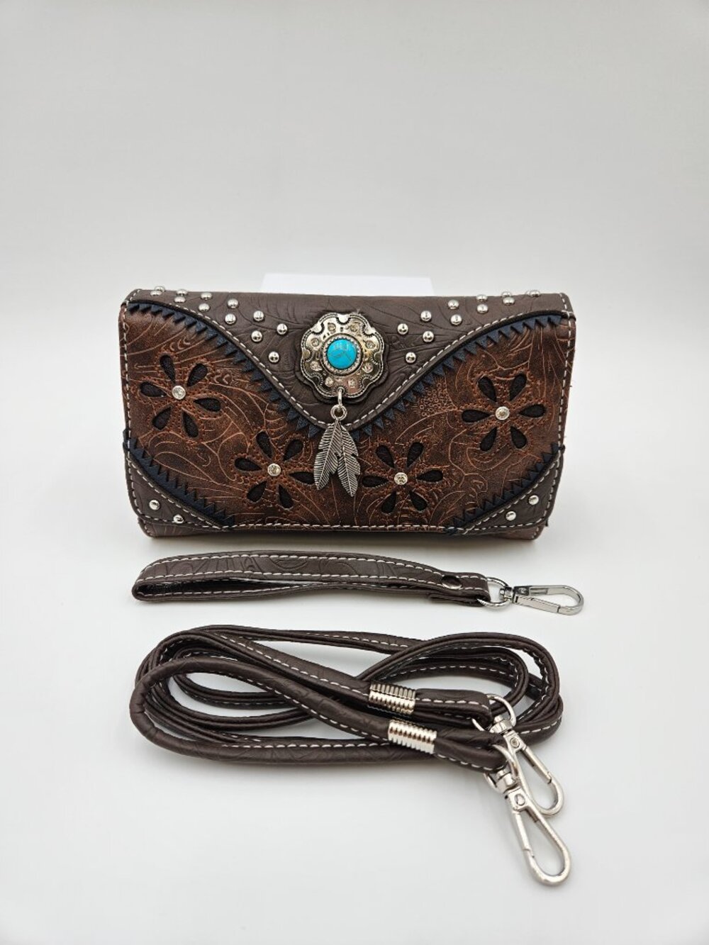 Brand NWOT Western Tooled Brown Wallet – Turquoise Concho Wristlet or Crossbody